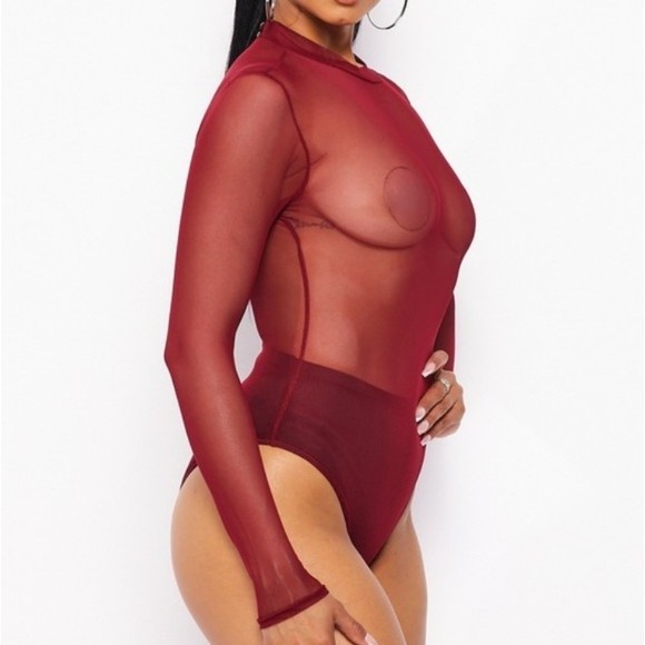💎💞Mock Neck Mesh Bodysuit (burgundy) - Picture 4 of 14
